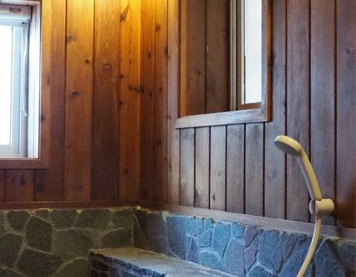 母屋のお風呂はジャグジー付きの岩風呂。