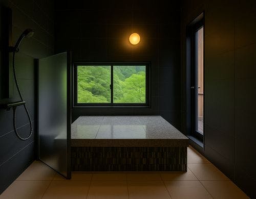 2階の内湯を森の自然を眺めながら岩盤浴