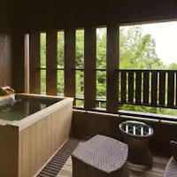 日式客廳加雙床和露天浴池。