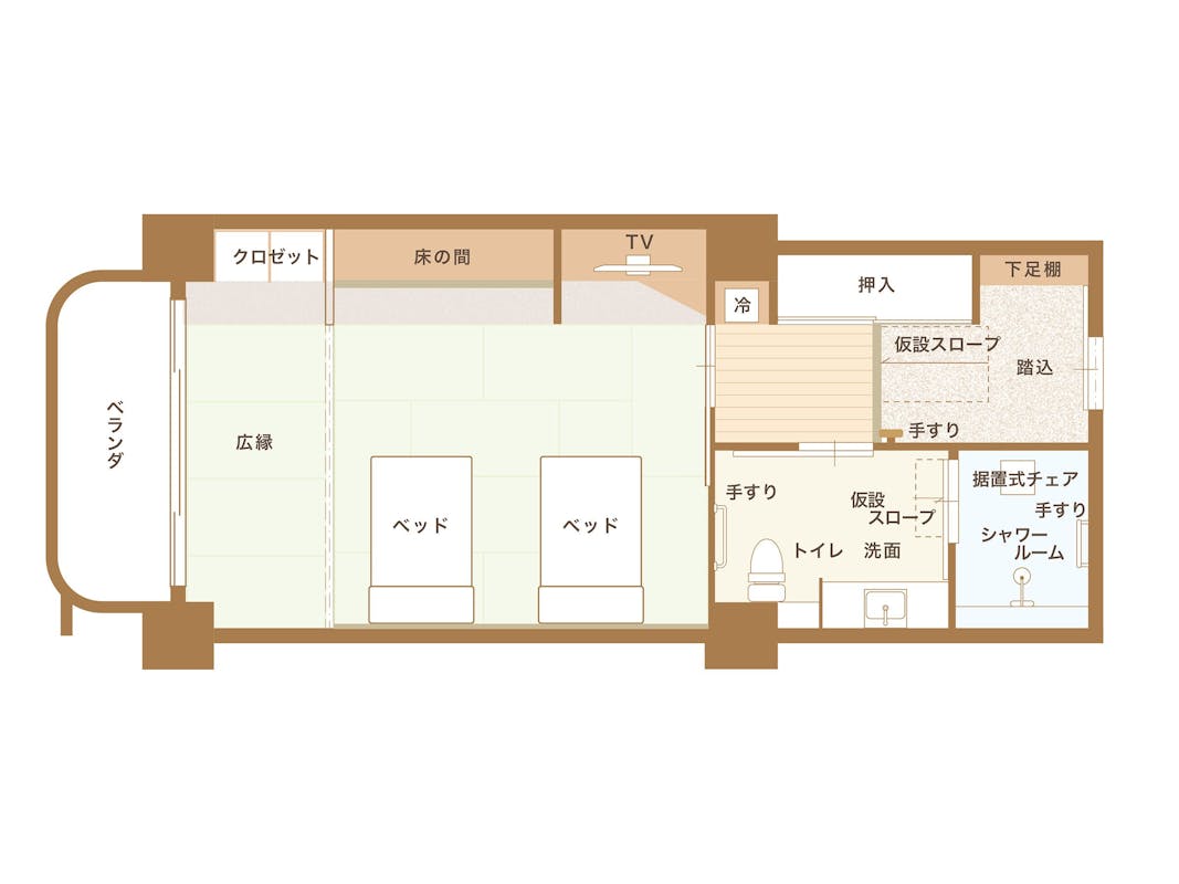 【熱川プリンスホテル】海眺め和ベットツイン［中央館］（定員２名・14畳）見取り図