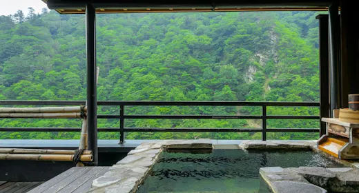 塩原の山景を独占する源泉かけ流し露天風呂