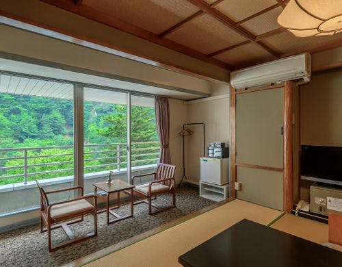 広縁から緑を望む、ゆったりとした和の客室