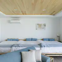 リビング(木張りの天井・ソファとベッド)
