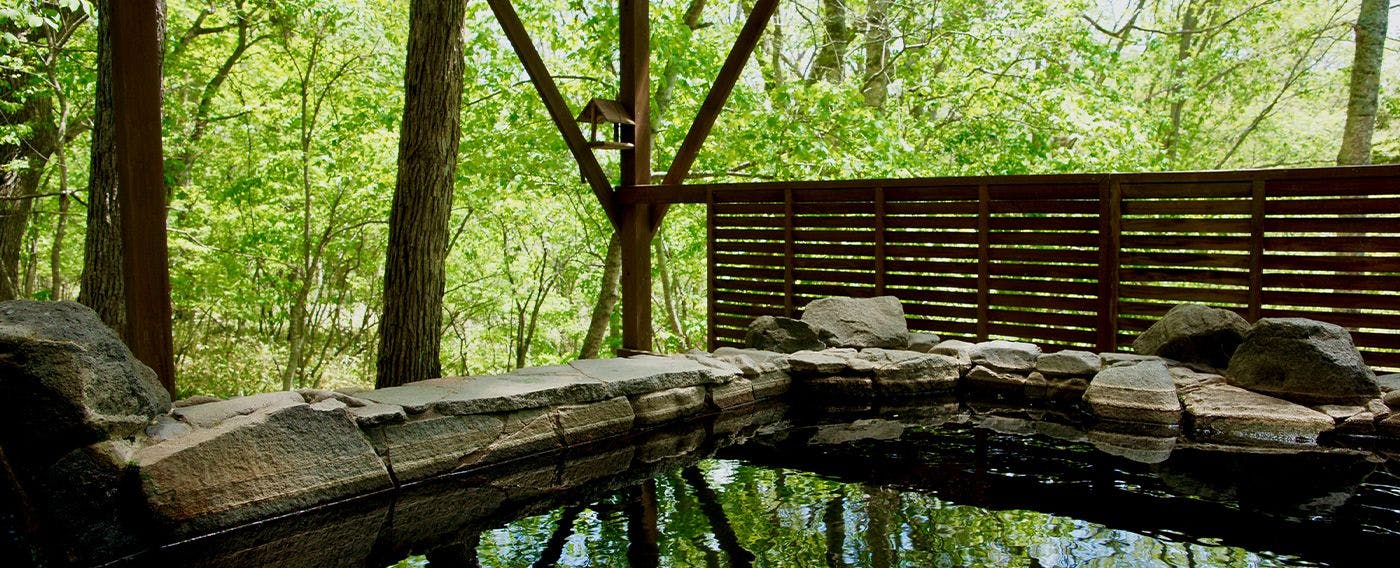 บ่อน้ำพุร้อนกลางแจ้งพร้อมความเขียวขจีสดชื่น