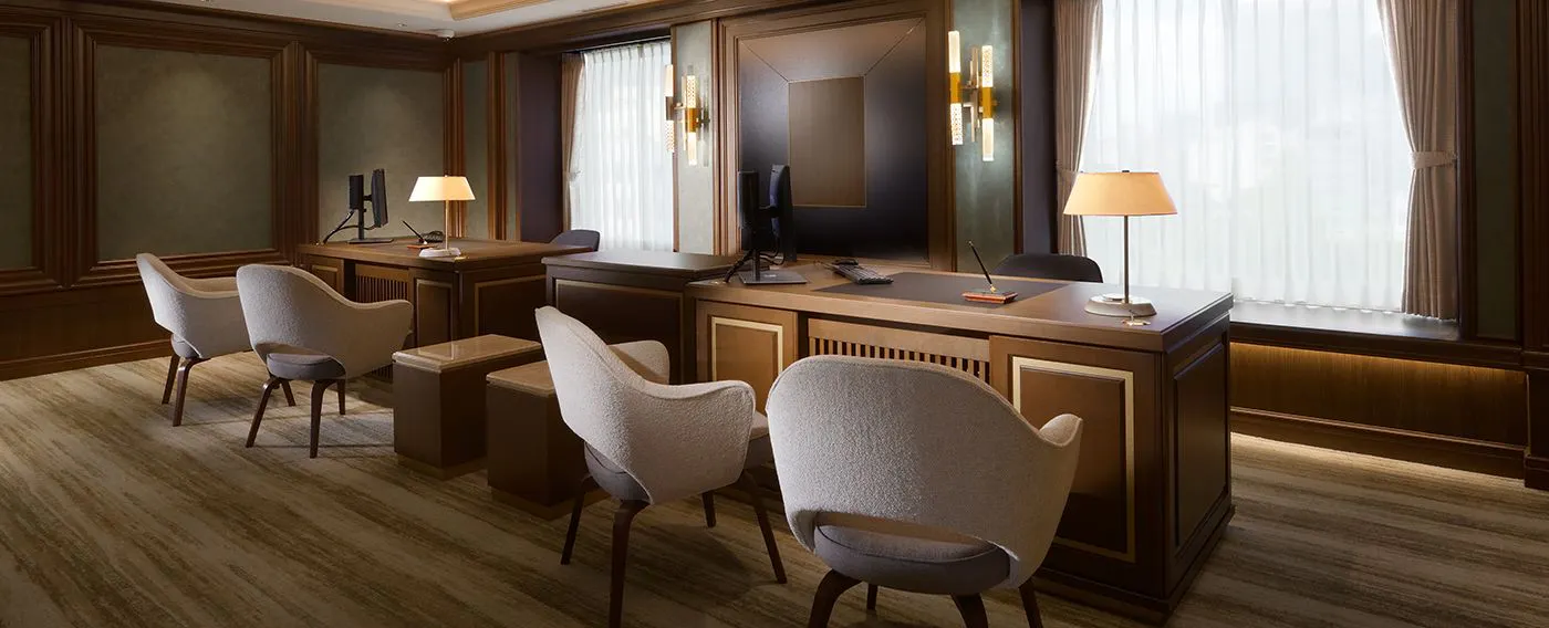 Check-in and check-out while seated on a premium sofa.