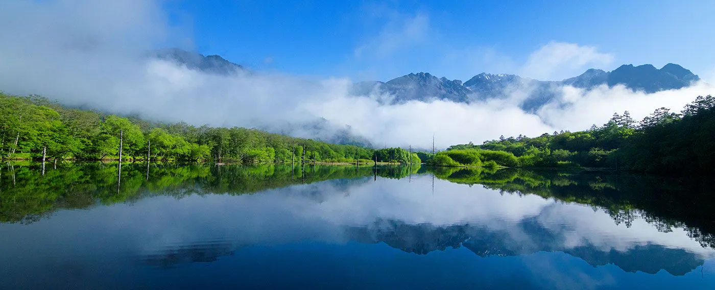 朝霧の沸き立つ大正池