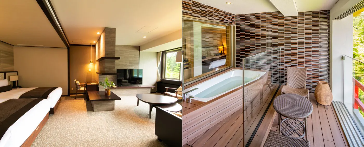 ห้องพัก "ฟอเรสต์ วิง พรีเมียร์สวีท" ที่มีอ่างอาบน้ำกึ่งกลางแจ้งเพียงแห่งเดียวในโรงแรม