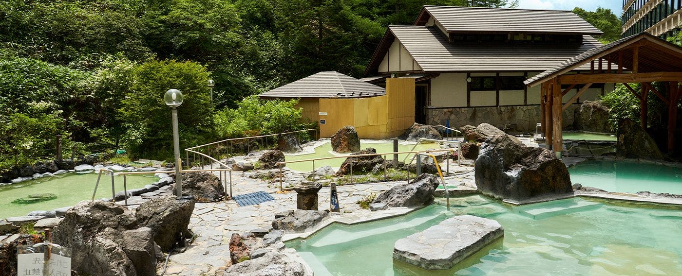 บ่อน้ำพุร้อนกลางแจ้งพร้อมสวนหิน