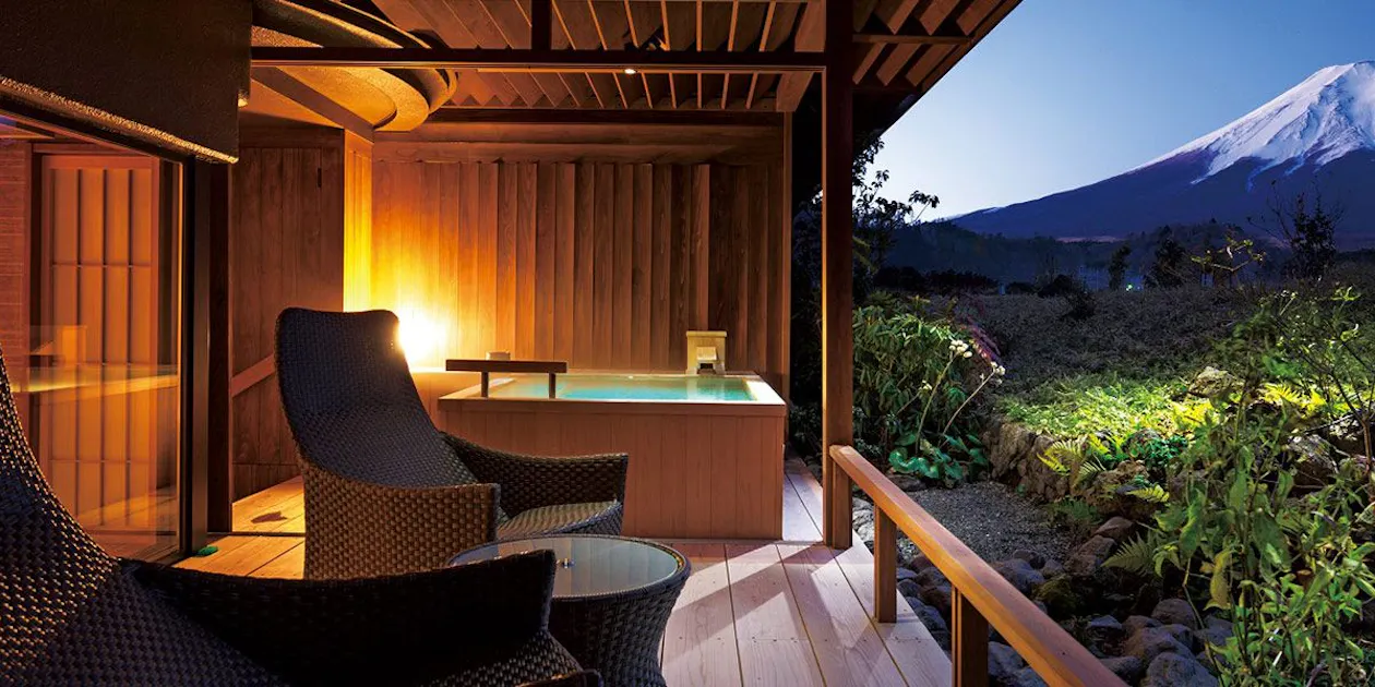 In-room cypress open-air bath with a view of Mount Fuji at Bessho Sasa