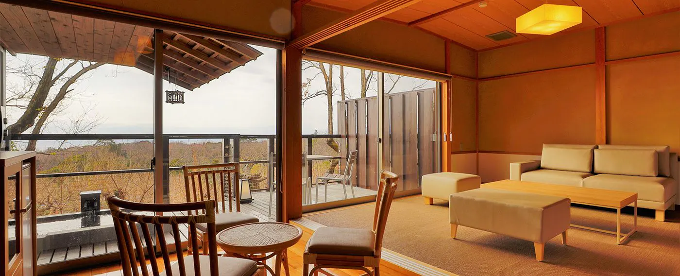 【全室に月見台と専用露天温泉付】全室で、伊豆の海風を感じられる客室露天風呂をお楽しみいただけます